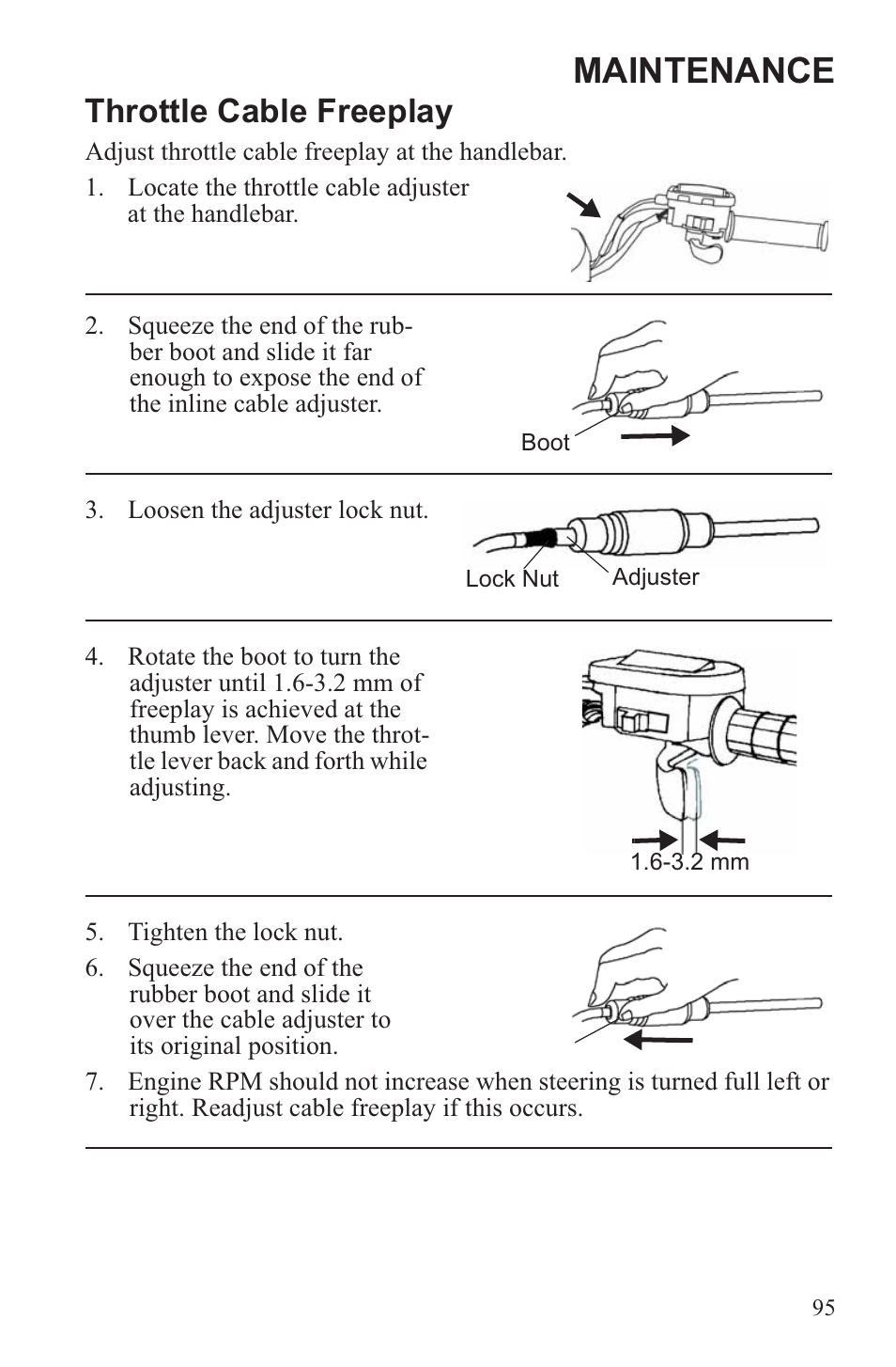 Maintenance, Throttle cable freeplay | Polaris 2013 ATV Sportsman 500 Tractor INTL User Manual | Page 97 / 141