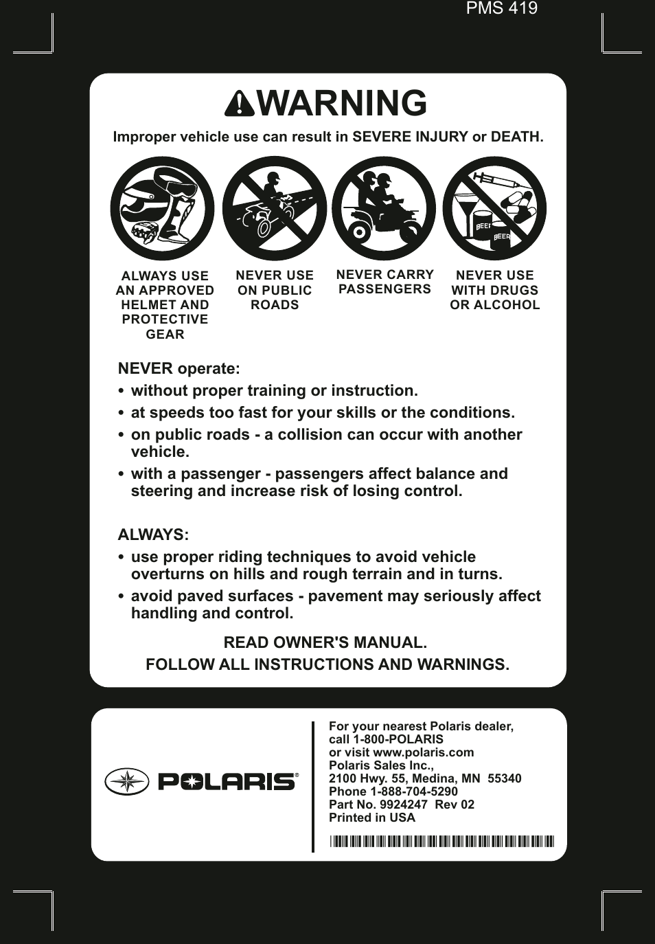 Warning, Pms 419 | Polaris 2014 ATV Sportsman 400 HO User Manual | Page 148 / 148