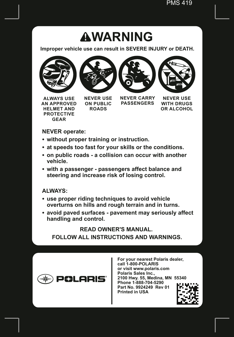 Warning, Pms 419 | Polaris 2014 ATV Sportsman Big Boss 6x6 User Manual | Page 152 / 152