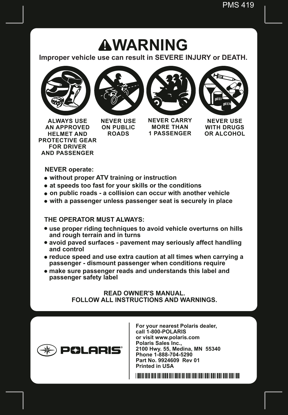 Warning | Polaris 2014 ATV Sportsman Touring 550 EPS User Manual | Page 163 / 163