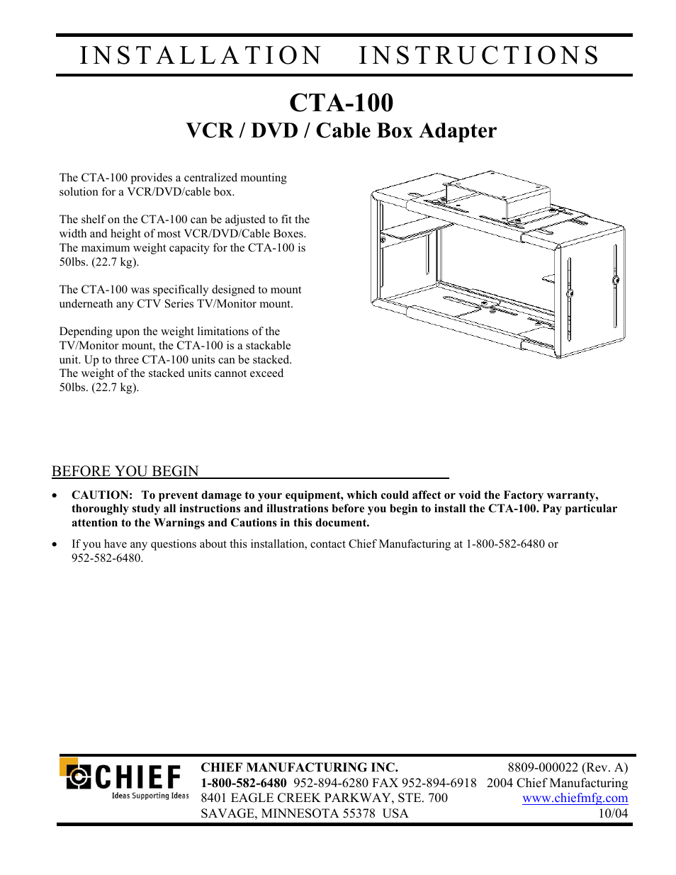 Chief Manufacturing CTA-100 User Manual | 9 pages