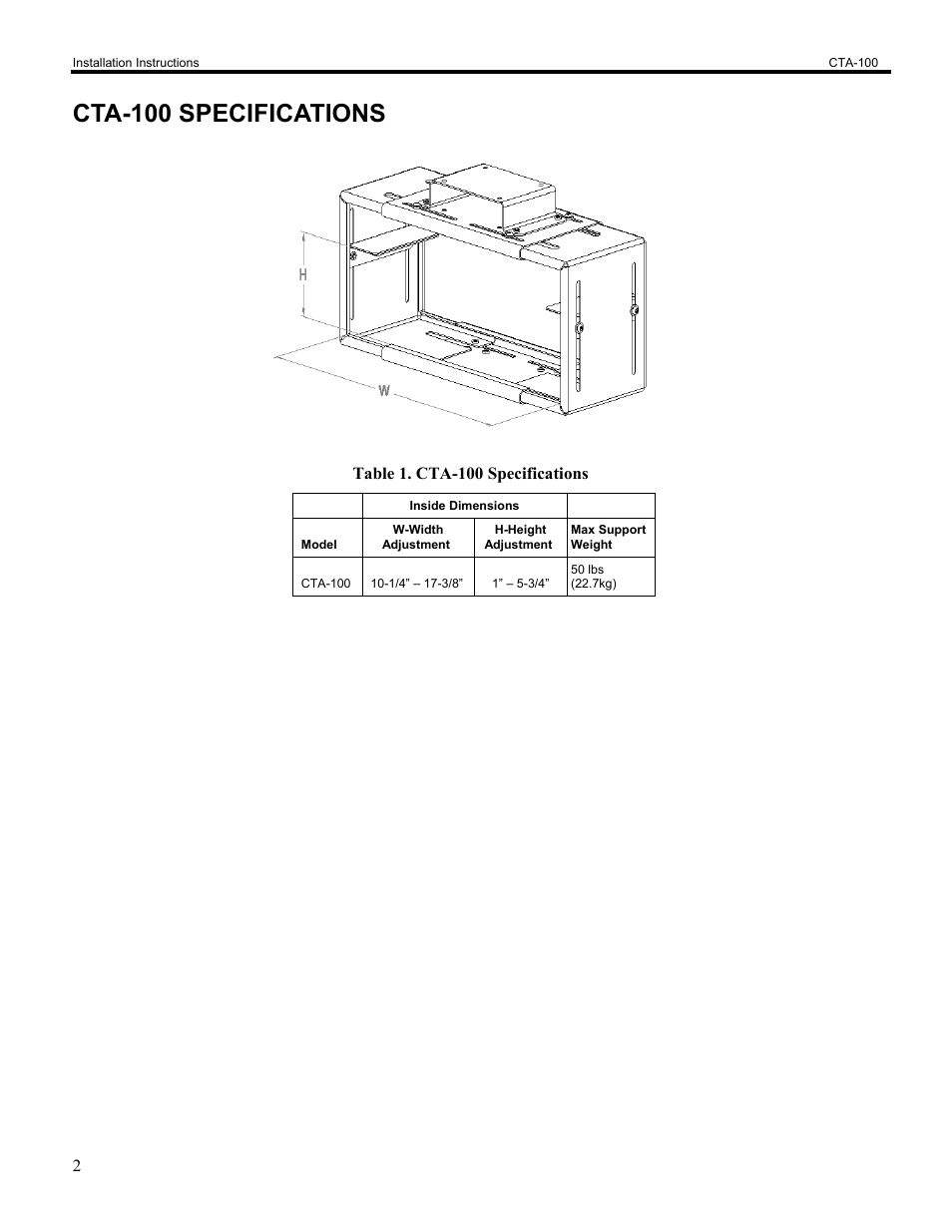 Cta-100 specifications | Chief Manufacturing CTA-100 User Manual | Page 2 / 9