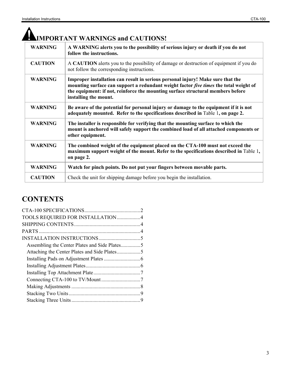 Chief Manufacturing CTA-100 User Manual | Page 3 / 9