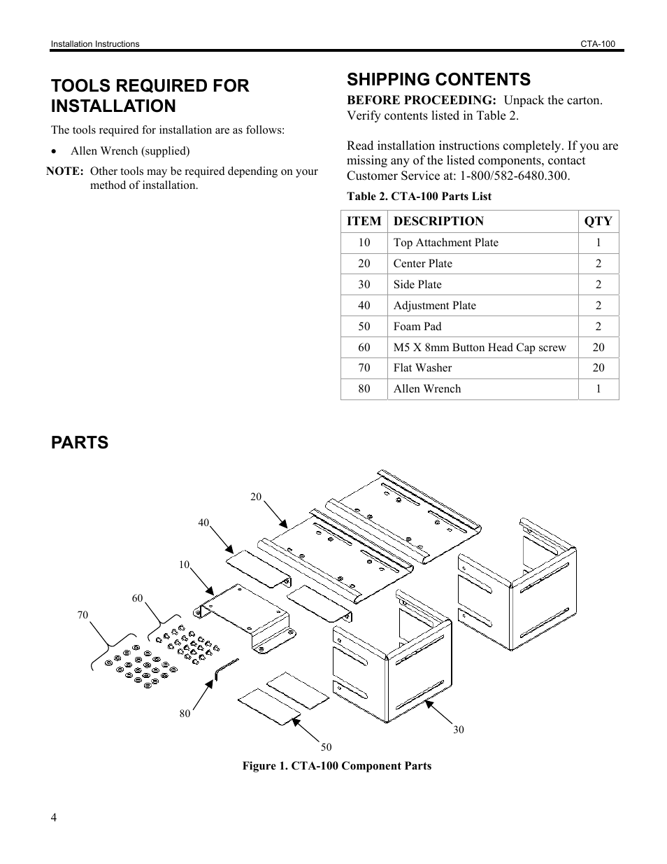 Tools required for installation, Shipping contents, Parts | Chief Manufacturing CTA-100 User Manual | Page 4 / 9