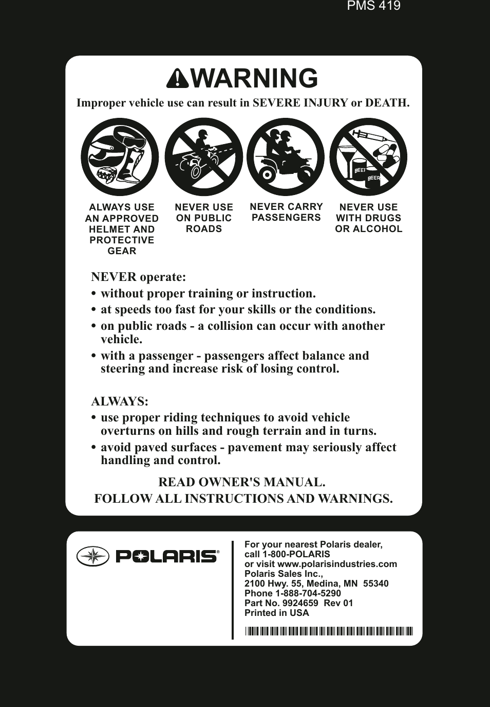 Warning, Pms 419 | Polaris 2014 ATV Sportsman 550 EPS User Manual | Page 160 / 160