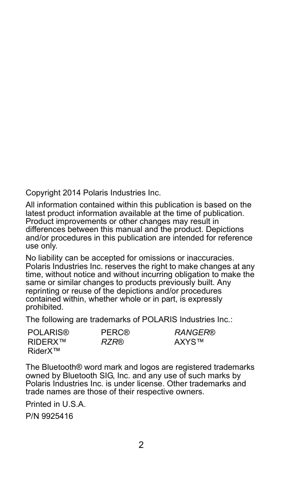 Polaris 2015 ATV Interactive Digital Display User Manual | Page 3 / 74