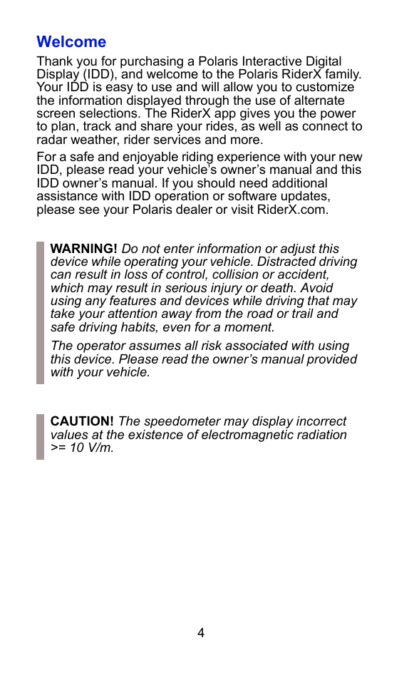 Welcome | Polaris 2015 ATV Interactive Digital Display User Manual | Page 5 / 74