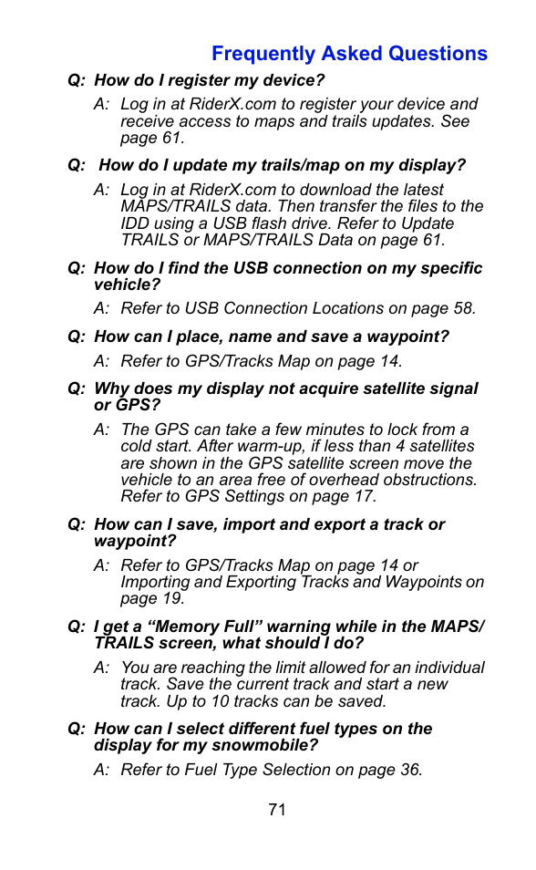 Frequently asked questions | Polaris 2015 ATV Interactive Digital Display User Manual | Page 72 / 74