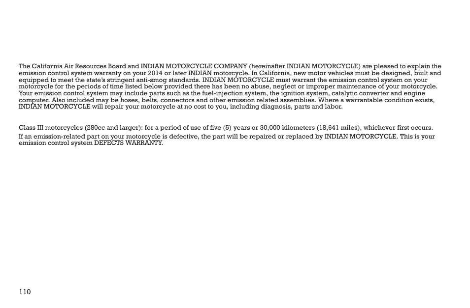 Warranty, Emissions control system warranty | Polaris 2015 INDIAN Scout User Manual | Page 112 / 122