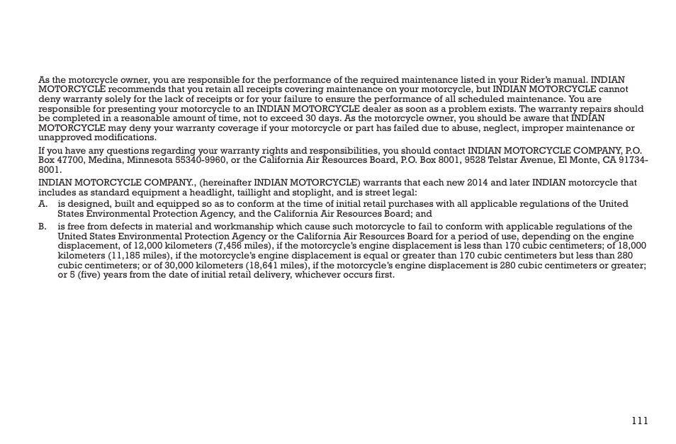 Warranty, Emission control system warranty | Polaris 2015 INDIAN Scout User Manual | Page 113 / 122