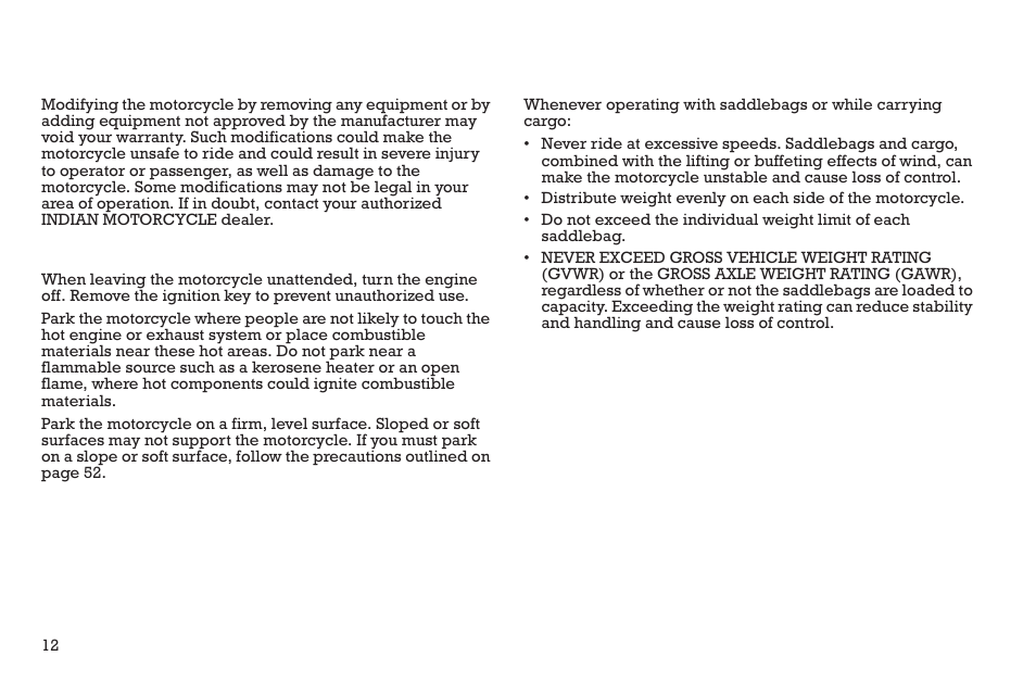 Safety, Modifications, Parking the motorcycle | Saddlebags | Polaris 2015 INDIAN Scout User Manual | Page 14 / 122