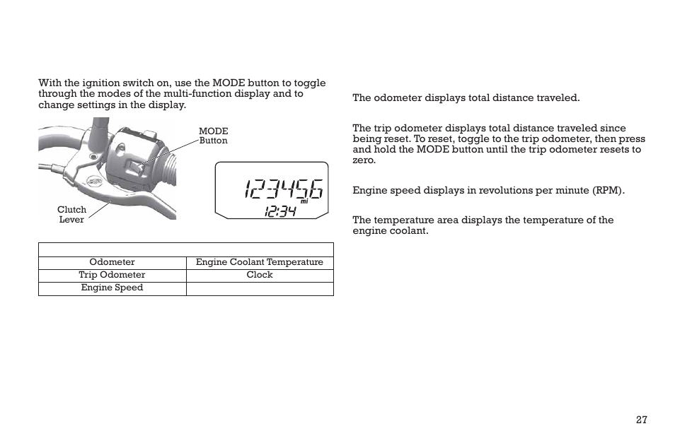 Instruments, features and controls, Instrument cluster, Multi-function display (mfd) | Polaris 2015 INDIAN Scout User Manual | Page 29 / 122