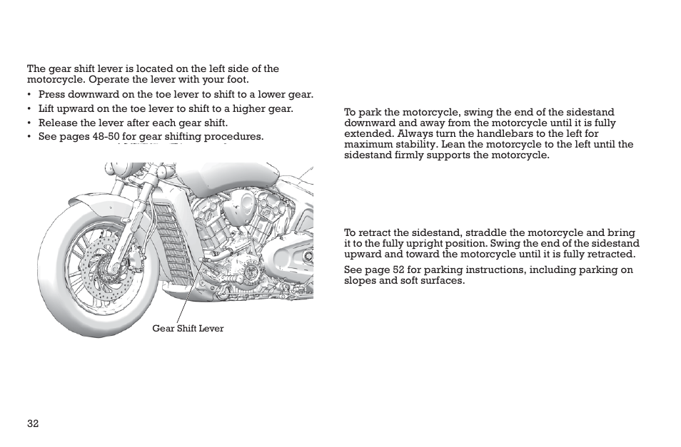 Instruments, features and controls, Gear shift lever, Sidestand | Polaris 2015 INDIAN Scout User Manual | Page 34 / 122