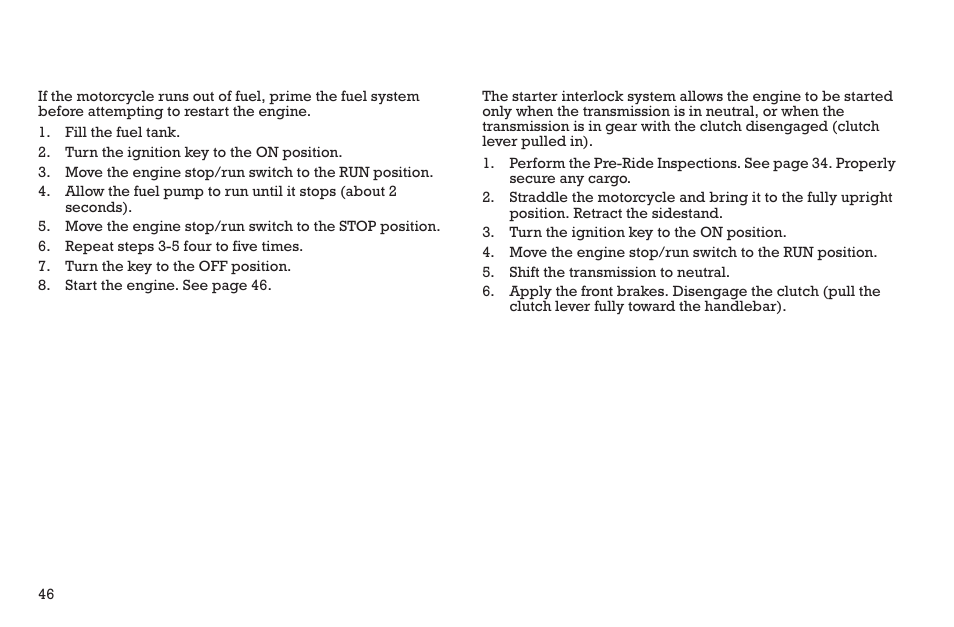 Operation, Priming the fuel system, Starting the engine | Polaris 2015 INDIAN Scout User Manual | Page 48 / 122
