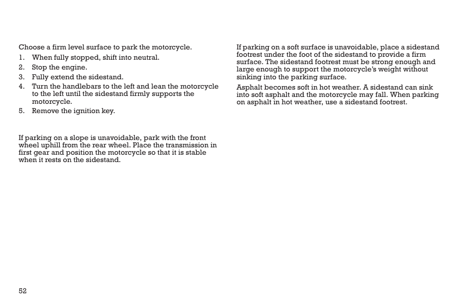 Operation, Parking, Parking on a slope | Parking on a soft surface | Polaris 2015 INDIAN Scout User Manual | Page 54 / 122