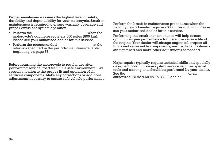 Maintenance, Road tests, Break-in maintenance | Major maintenance | Polaris 2015 INDIAN Scout User Manual | Page 56 / 122