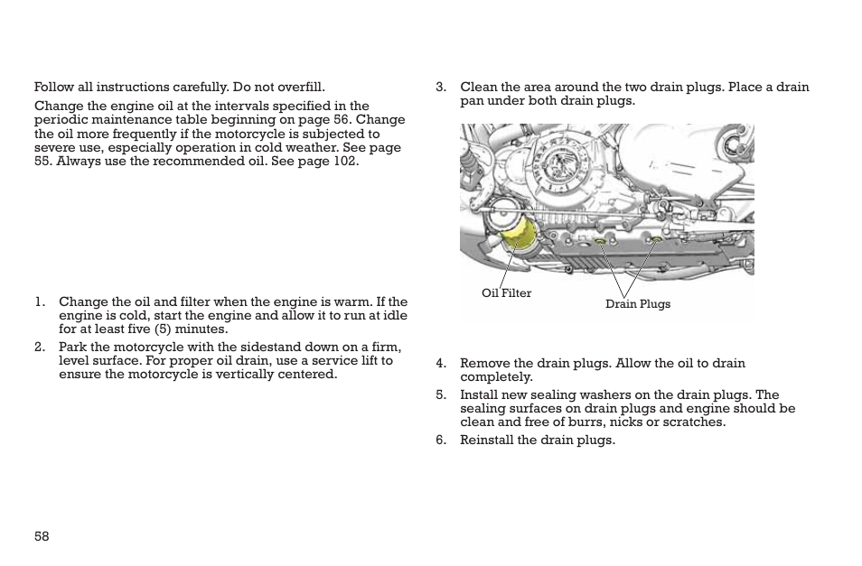 Maintenance, Engine oil/filter change | Polaris 2015 INDIAN Scout User Manual | Page 60 / 122