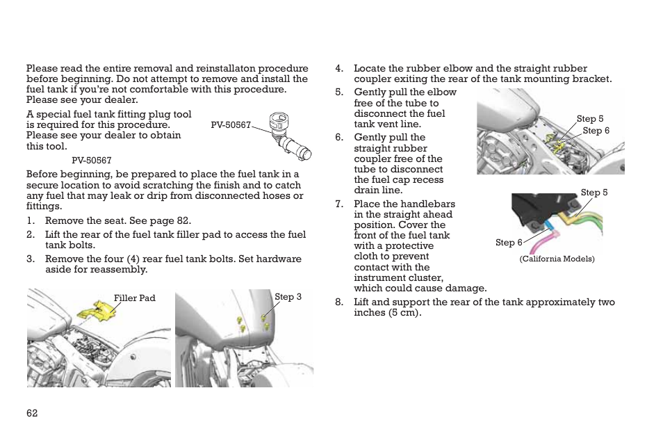 Maintenance, Fuel tank removal | Polaris 2015 INDIAN Scout User Manual | Page 64 / 122