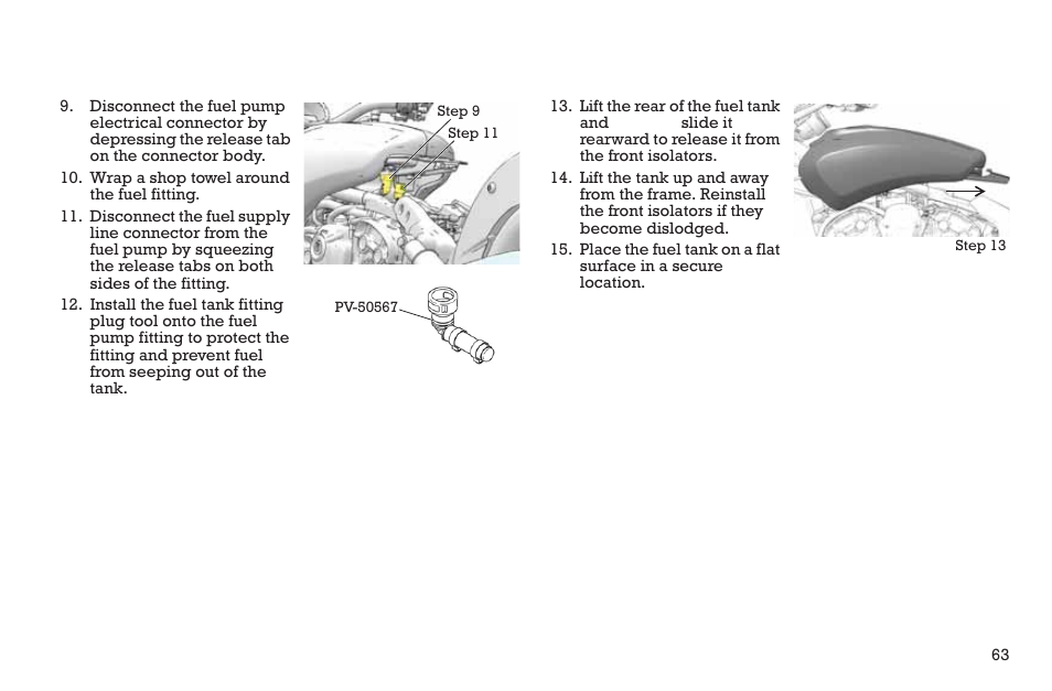 Maintenance, Fuel tank removal | Polaris 2015 INDIAN Scout User Manual | Page 65 / 122