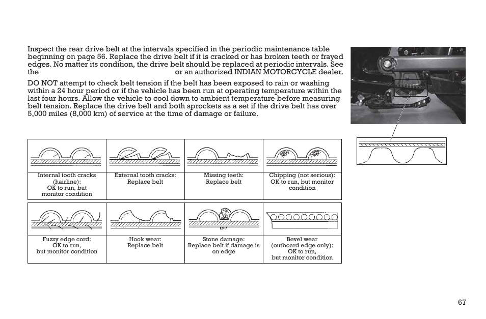 Maintenance, Rear drive belt condition, Rear drive belt wear analysis | Polaris 2015 INDIAN Scout User Manual | Page 69 / 122