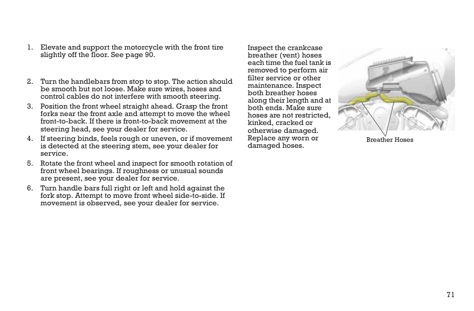 Maintenance, Steering head inspection, Crankcase breather hoses | Polaris 2015 INDIAN Scout User Manual | Page 73 / 122