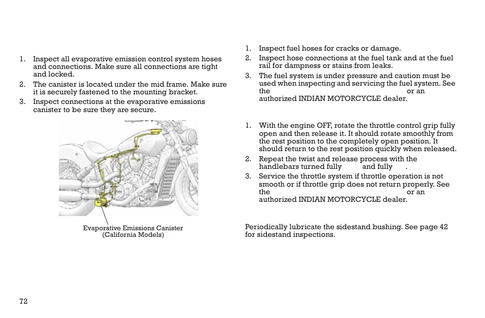 Maintenance, Fuel system components, Throttle control inspection | Sidestand lubrication | Polaris 2015 INDIAN Scout User Manual | Page 74 / 122