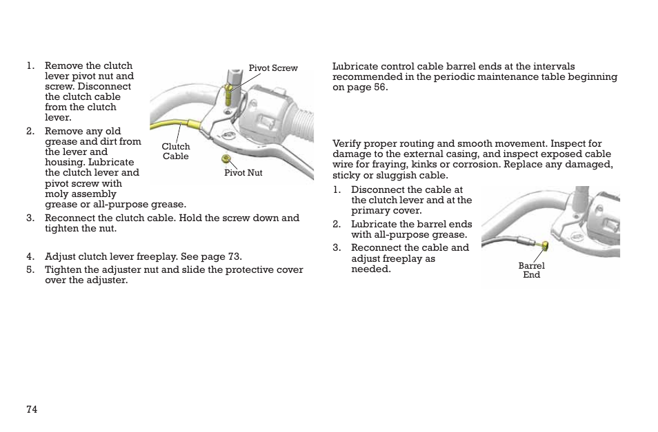 Maintenance, Mechanical clutch lever lubrication, Mechanical clutch cable lubrication | Polaris 2015 INDIAN Scout User Manual | Page 76 / 122