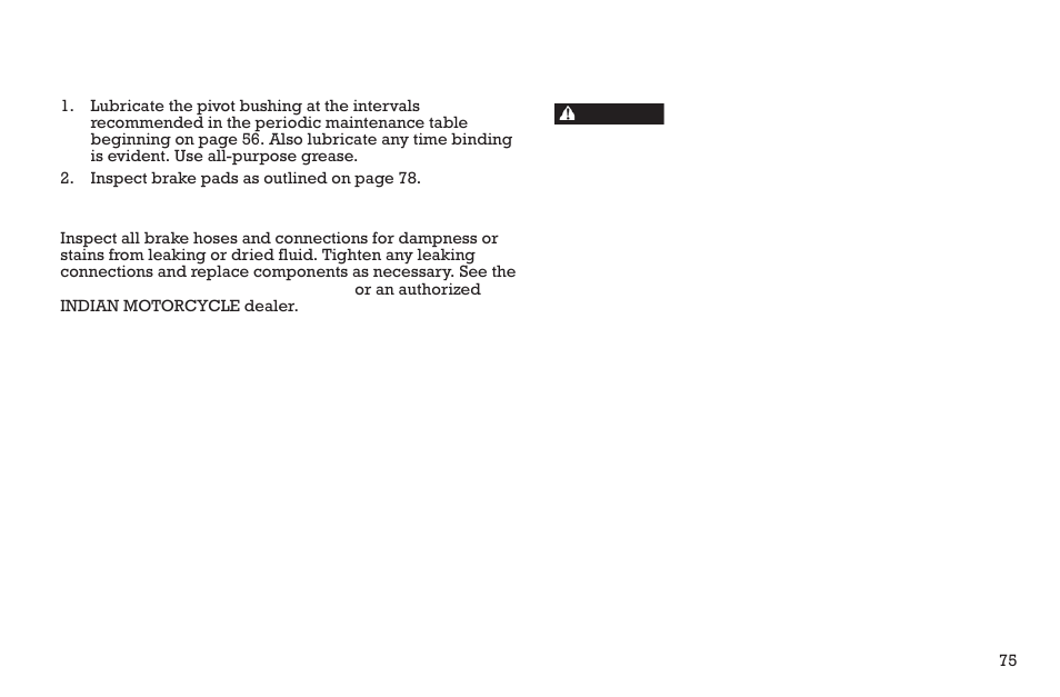 Maintenance, Rear brake pedal, Brake hoses/connections | Brake fluid precautions | Polaris 2015 INDIAN Scout User Manual | Page 77 / 122