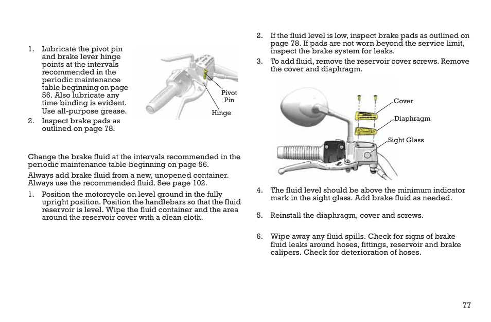 Maintenance, Front brake lever, Front brake fluid | Polaris 2015 INDIAN Scout User Manual | Page 79 / 122