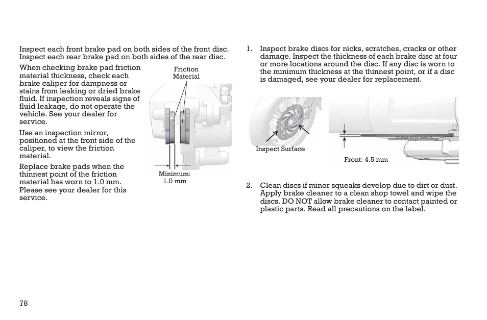 Maintenance, Brake pads, Brake disc inspection/cleaning | Polaris 2015 INDIAN Scout User Manual | Page 80 / 122