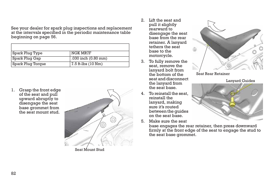 Maintenance, Spark plugs, Seat removal/installation | Polaris 2015 INDIAN Scout User Manual | Page 84 / 122