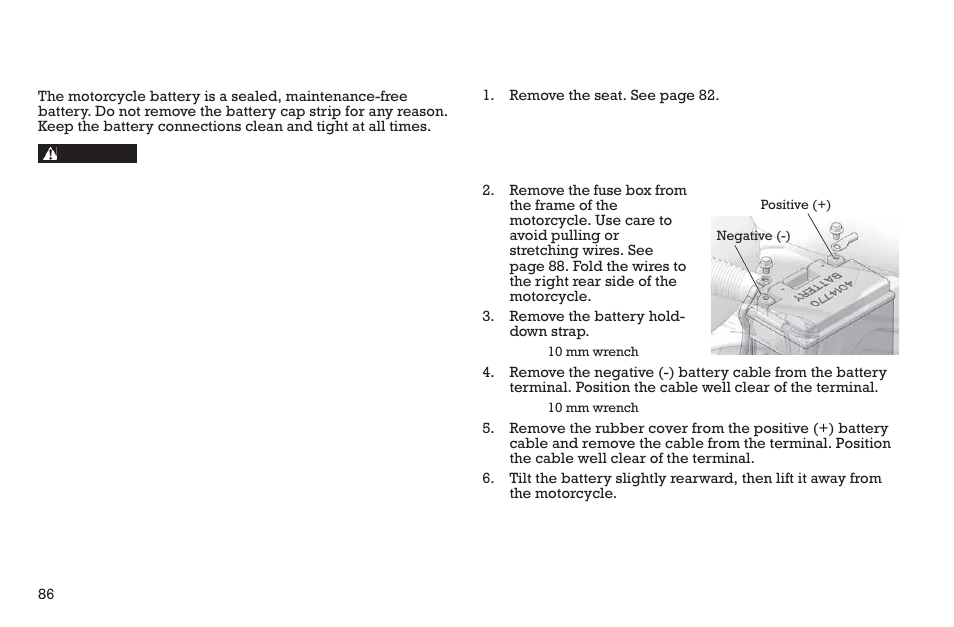 Maintenance, Battery, Battery removal | Polaris 2015 INDIAN Scout User Manual | Page 88 / 122