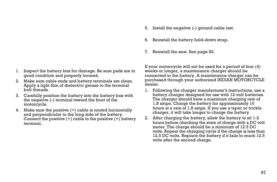 Maintenance, Battery installation, Battery charging | Polaris 2015 INDIAN Scout User Manual | Page 89 / 122