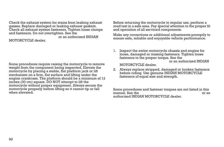 Maintenance, Exhaust system inspection, Elevating the motorcycle | Road test, Fastener inspection, Fastener torques | Polaris 2015 INDIAN Scout User Manual | Page 92 / 122
