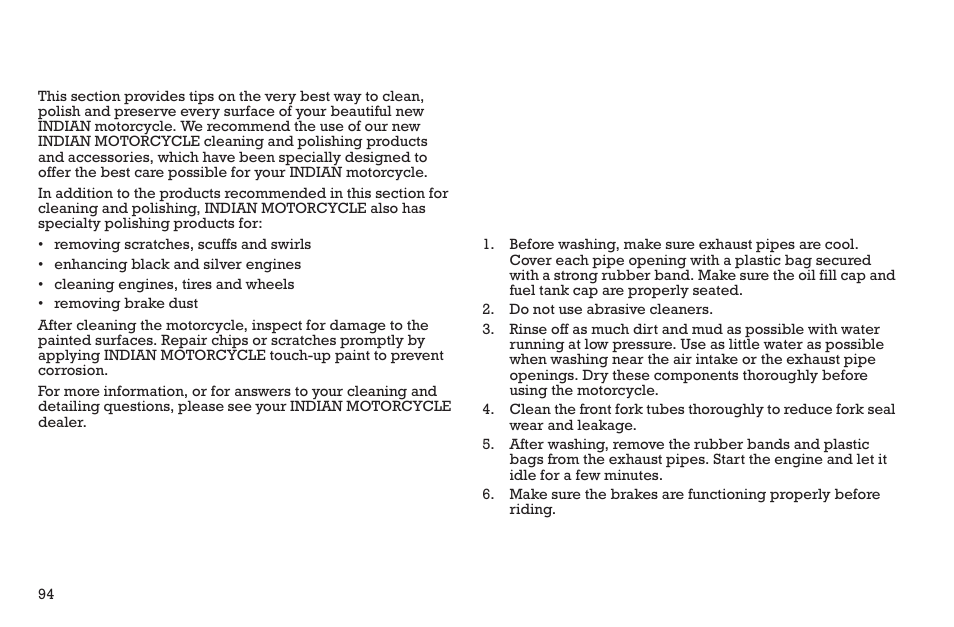 Cleaning and storage, Cleaning products, Washing the motorcycle | Polaris 2015 INDIAN Scout User Manual | Page 96 / 122