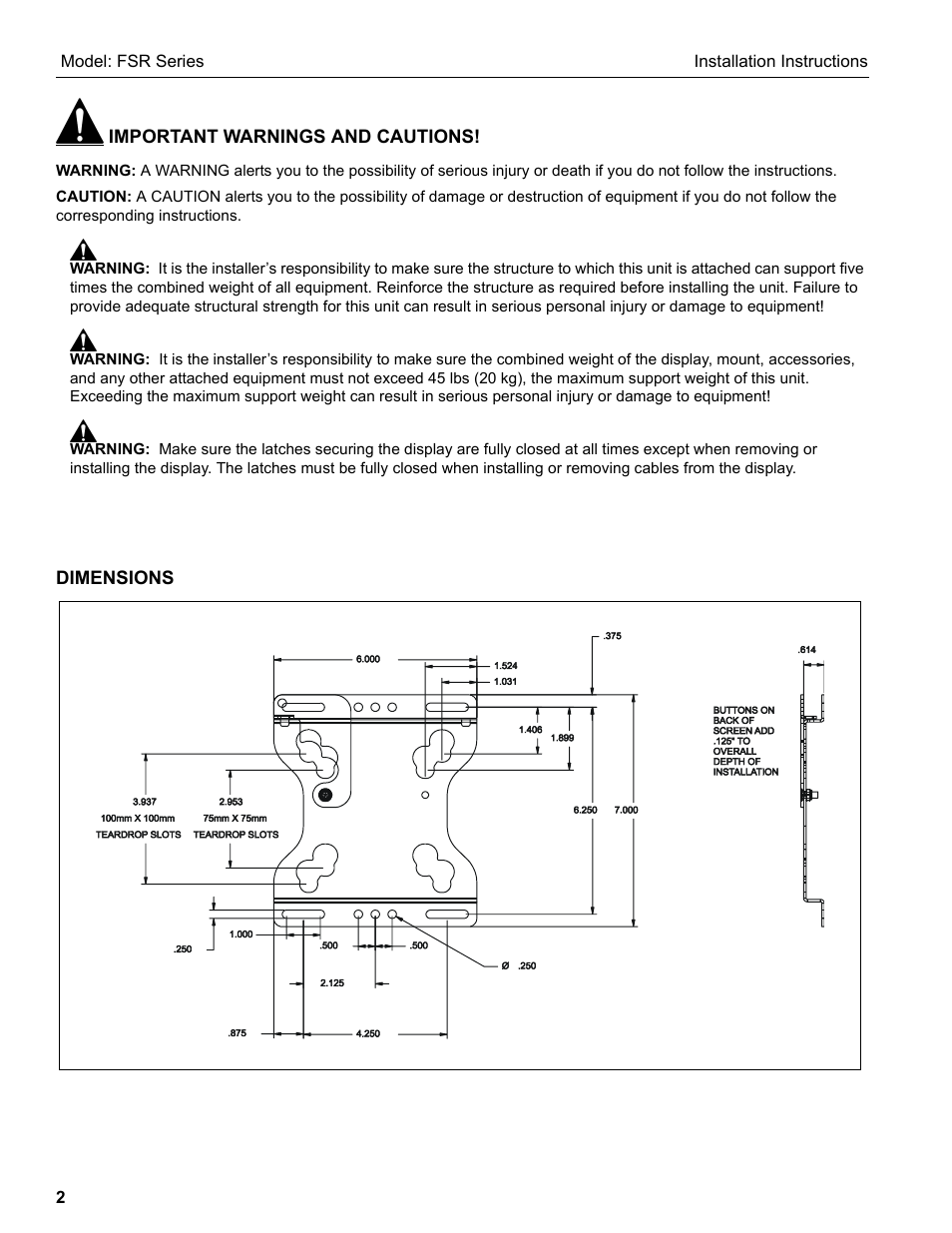 Chief Manufacturing FSR Series User Manual | Page 2 / 6