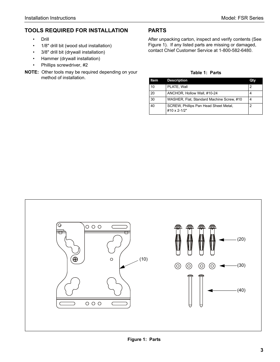 Tools required for installation, Parts | Chief Manufacturing FSR Series User Manual | Page 3 / 6