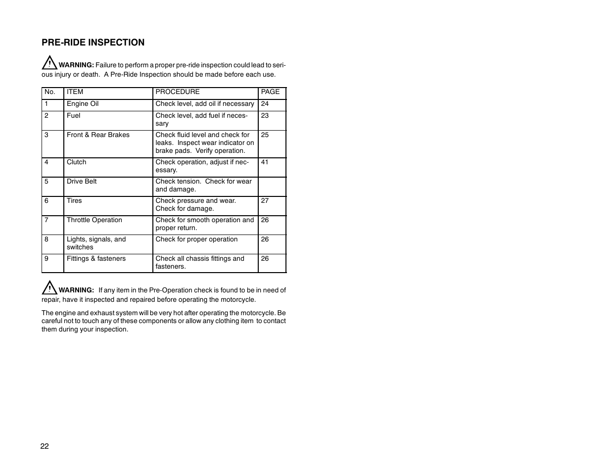 Pre-ride inspection | Polaris 2000 Victory Sport Cruiser User Manual | Page 27 / 73