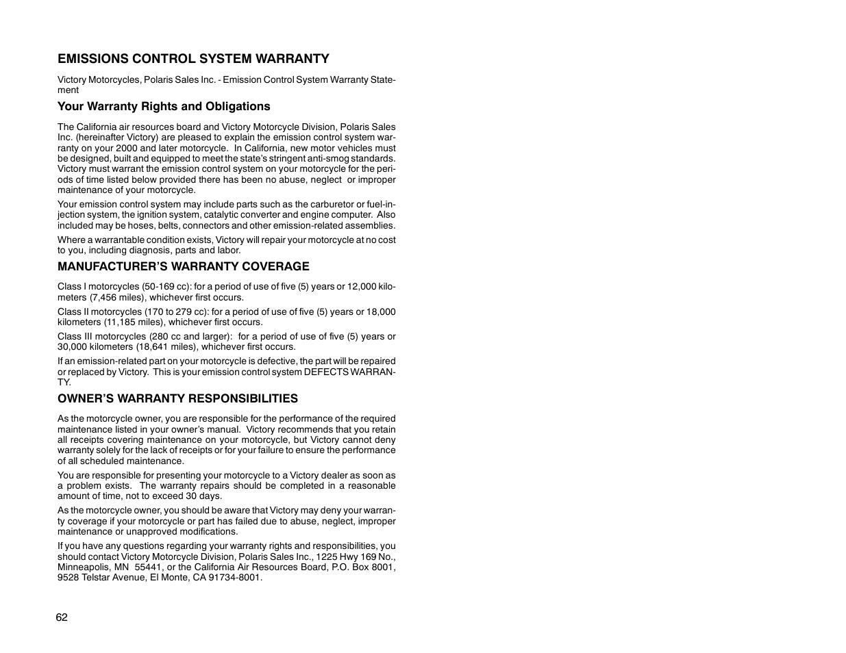 Emissions control system warranty | Polaris 2000 Victory Sport Cruiser User Manual | Page 67 / 73