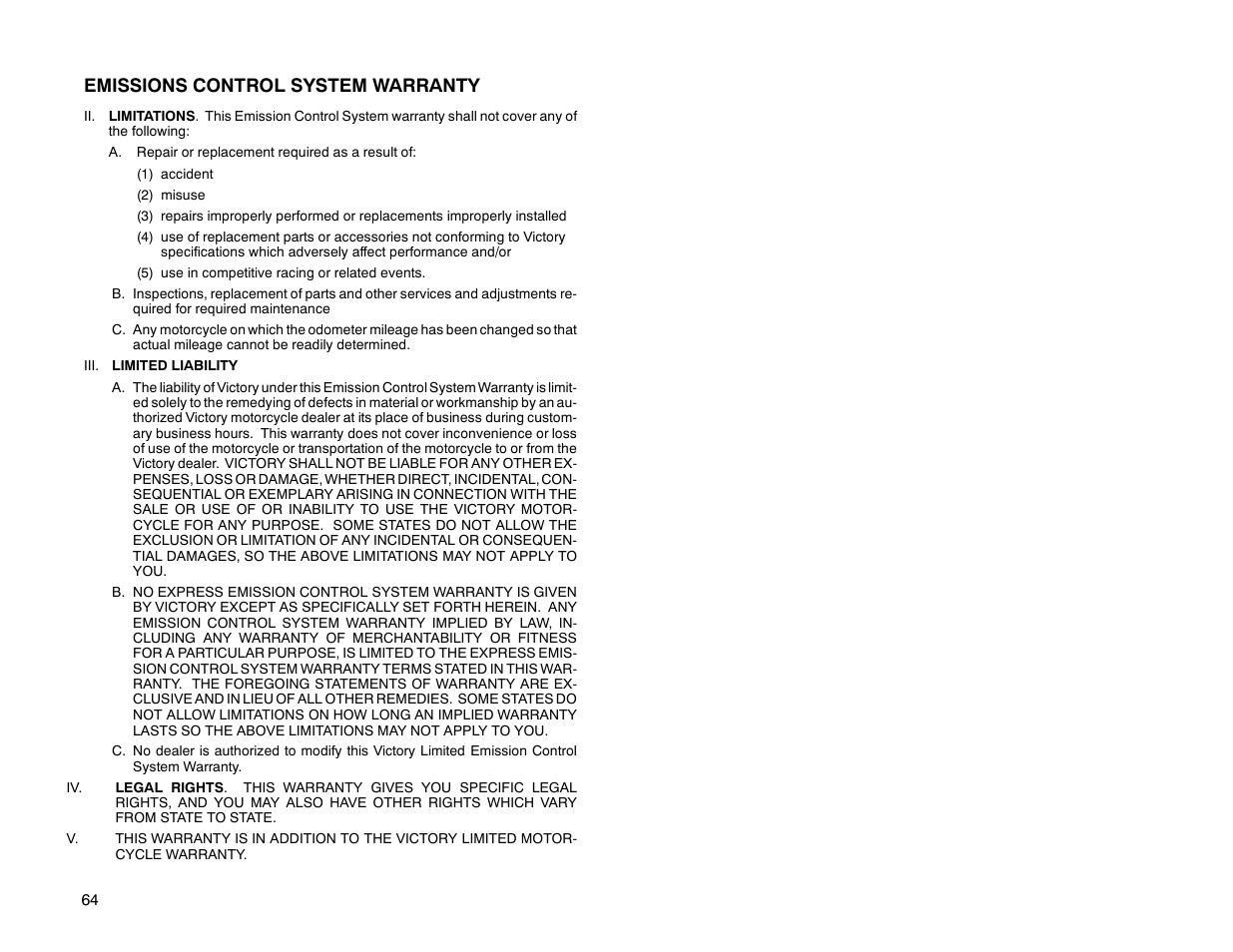 Emissions control system warranty | Polaris 2000 Victory Sport Cruiser User Manual | Page 69 / 73