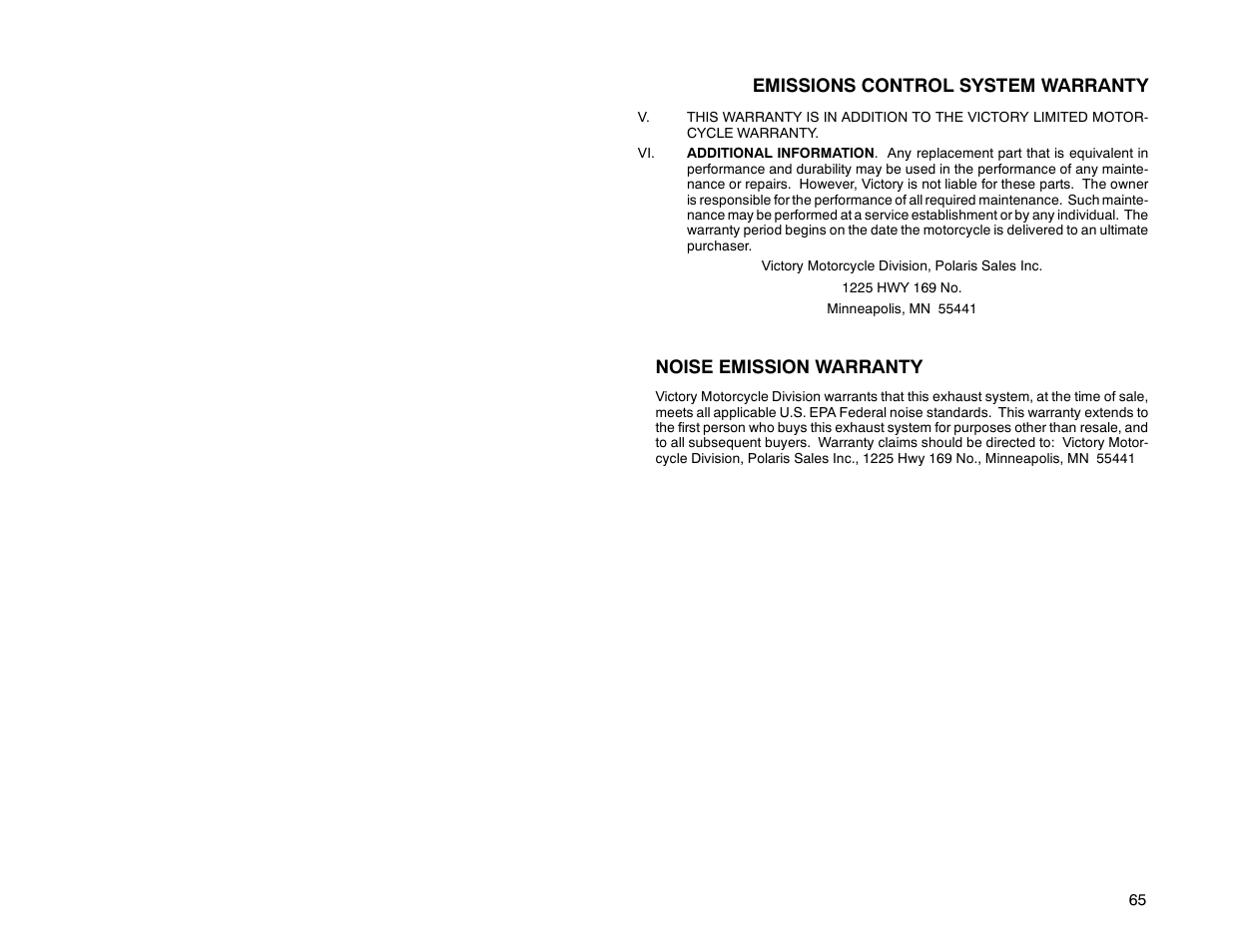 Emissions control system warranty, Noise emission warranty | Polaris 2000 Victory Sport Cruiser User Manual | Page 70 / 73