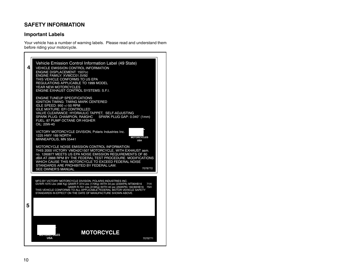 Safety information, 45 motorcycle, Important labels | Polaris 2000 Victory Special Edition User Manual | Page 17 / 76