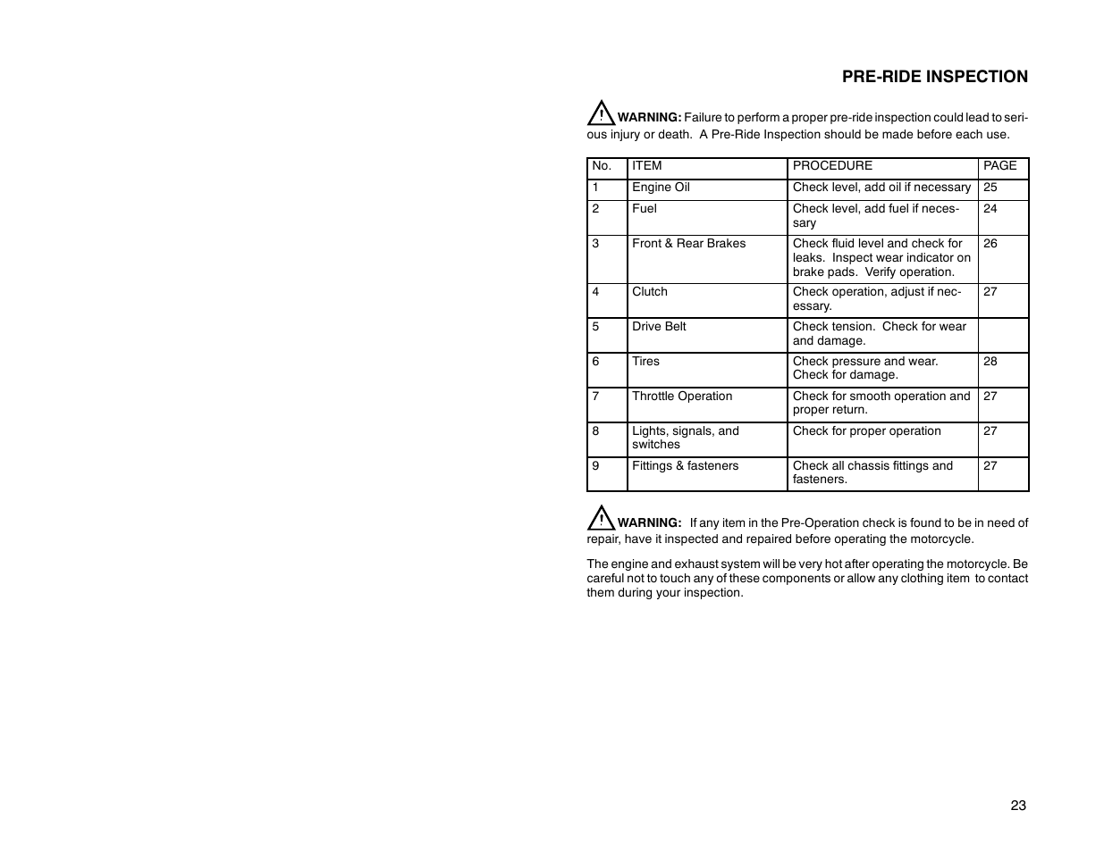 Pre-ride inspection | Polaris 2000 Victory Special Edition User Manual | Page 30 / 76