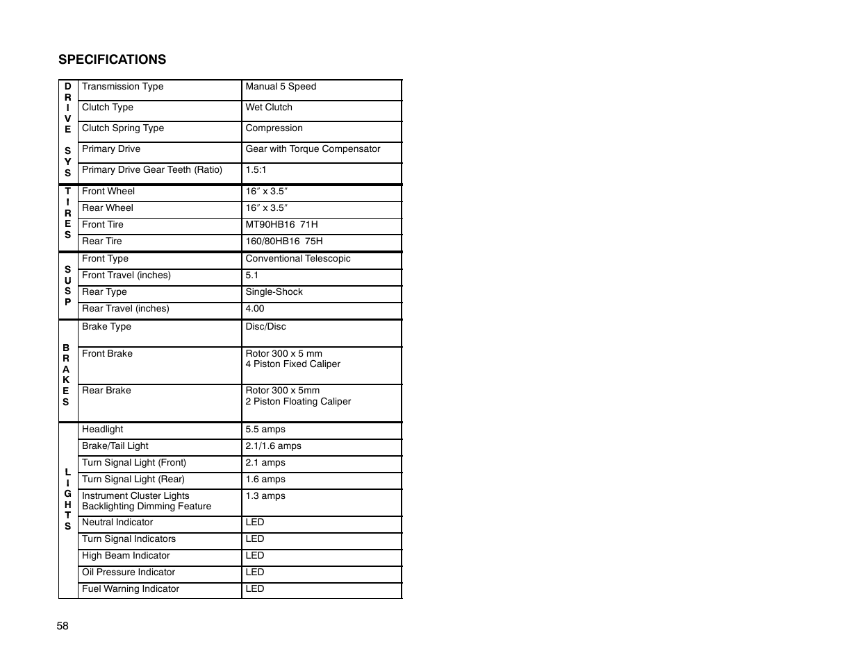 Specifications | Polaris 2000 Victory Special Edition User Manual | Page 65 / 76