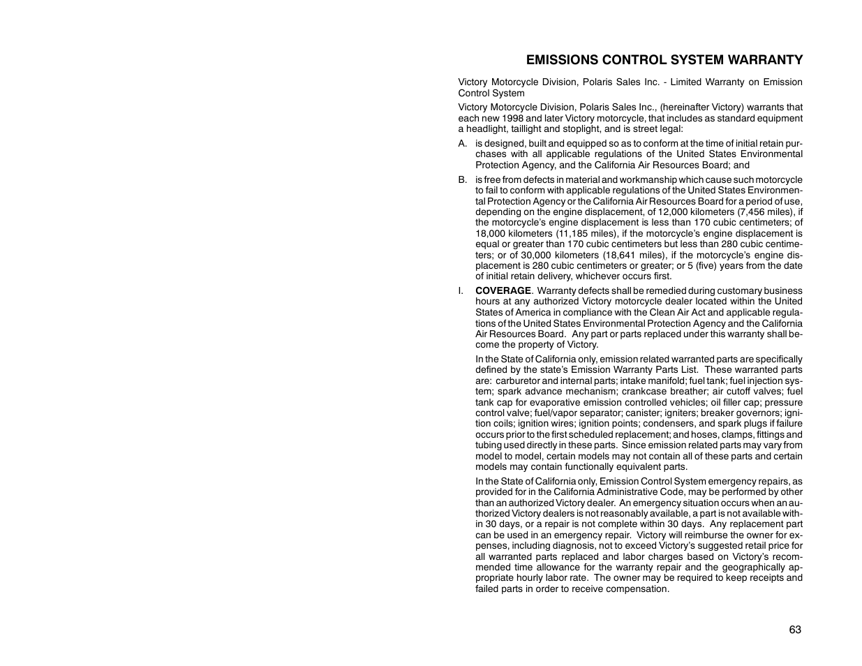 Emissions control system warranty | Polaris 2000 Victory Special Edition User Manual | Page 70 / 76