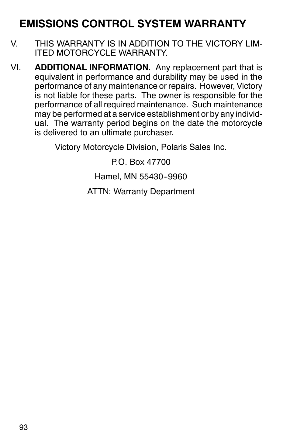 Emissions control system warranty | Polaris 2001 Victory Standard Cruiser User Manual | Page 100 / 107