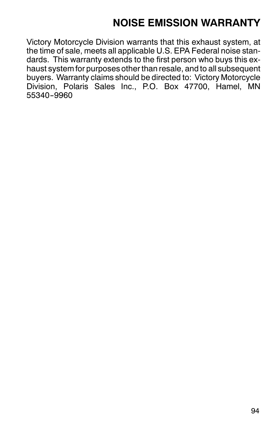 Noise emission warranty | Polaris 2001 Victory Standard Cruiser User Manual | Page 101 / 107