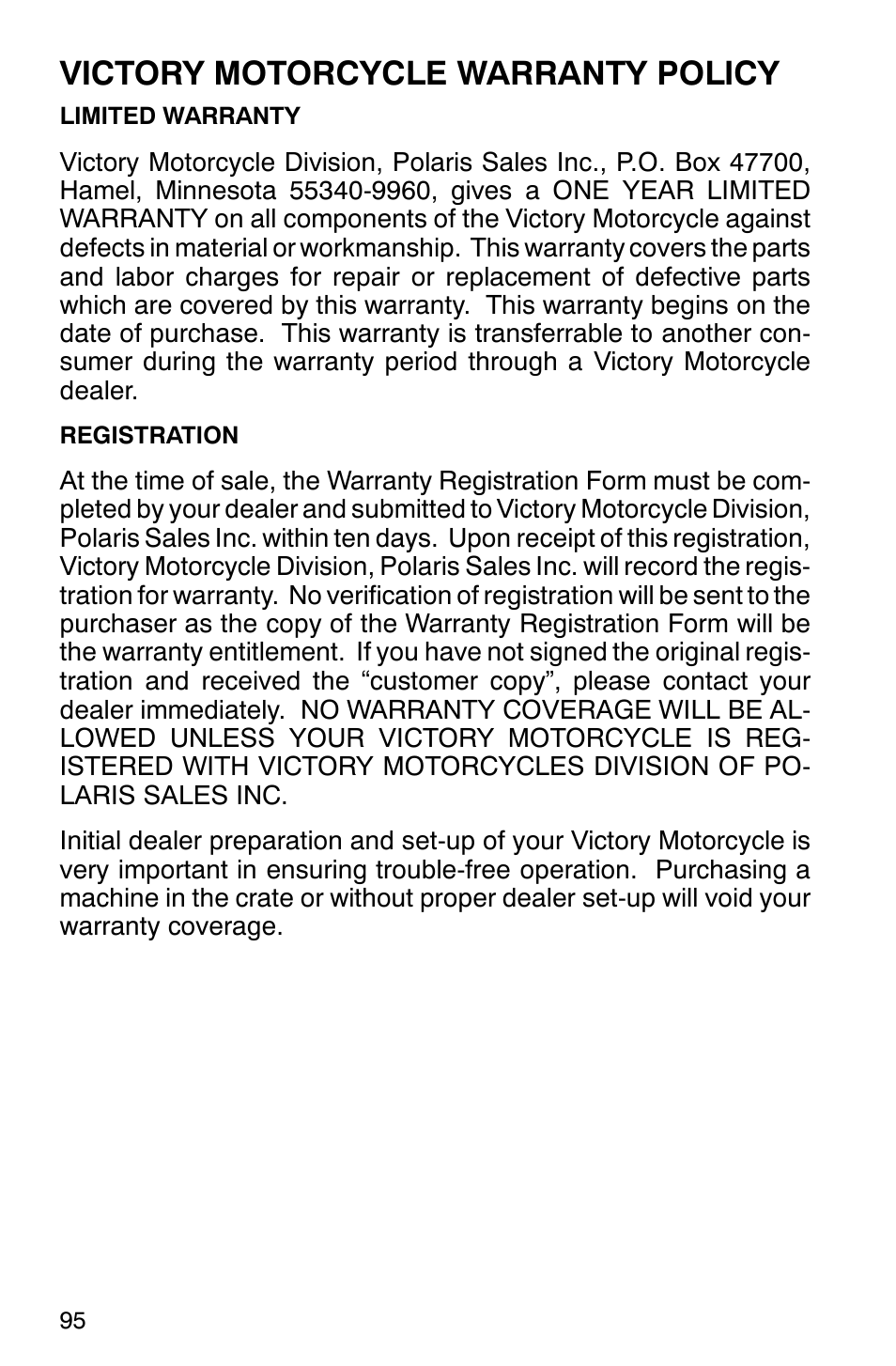 Victory motorcycle warranty policy | Polaris 2001 Victory Standard Cruiser User Manual | Page 102 / 107