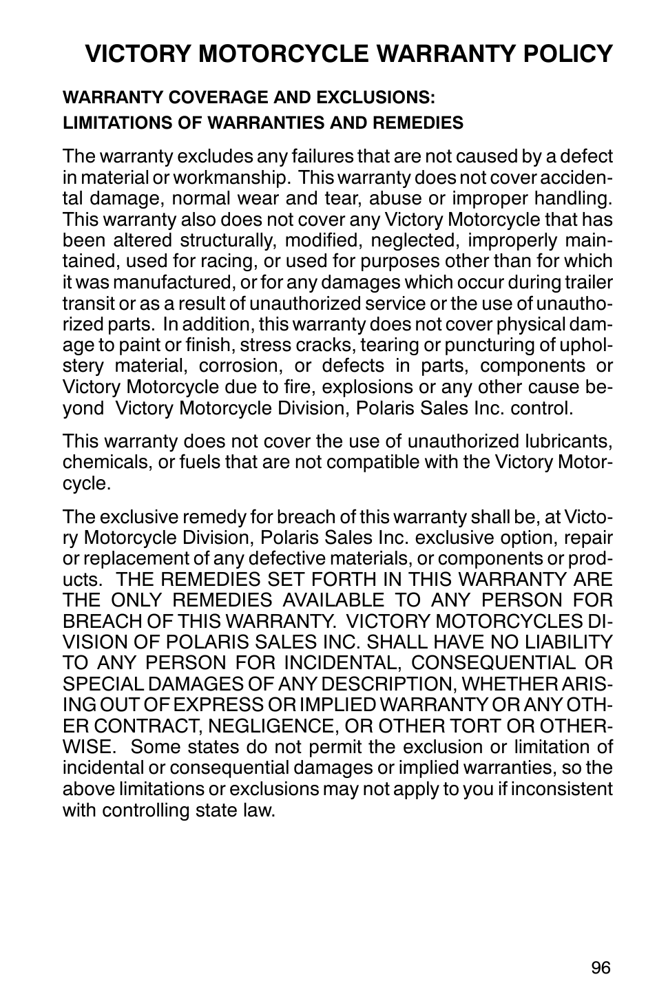 Victory motorcycle warranty policy | Polaris 2001 Victory Standard Cruiser User Manual | Page 103 / 107