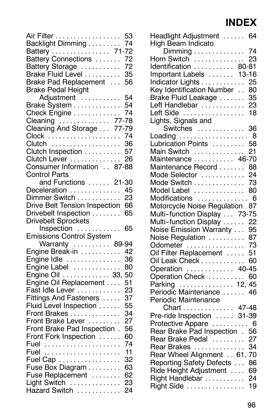 Index | Polaris 2001 Victory Standard Cruiser User Manual | Page 105 / 107